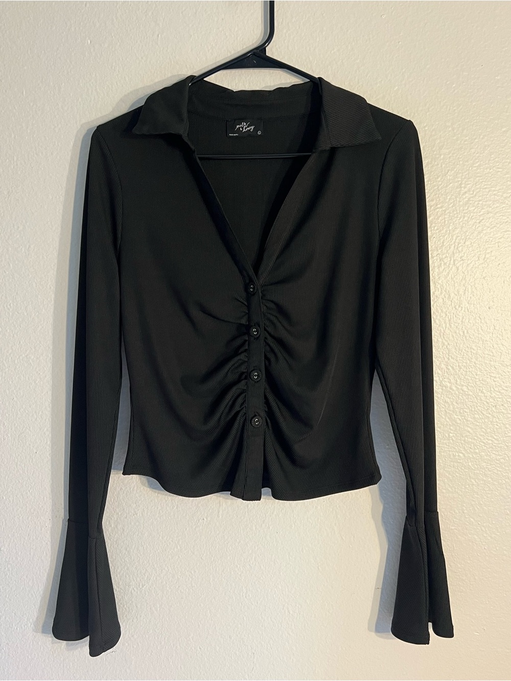 Black Ruched Button-Down Collared Top